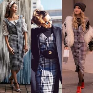 Veronica Beard Lark V-Neck Button-Front Black White Plaid Sheath Midi Dress XS 2
